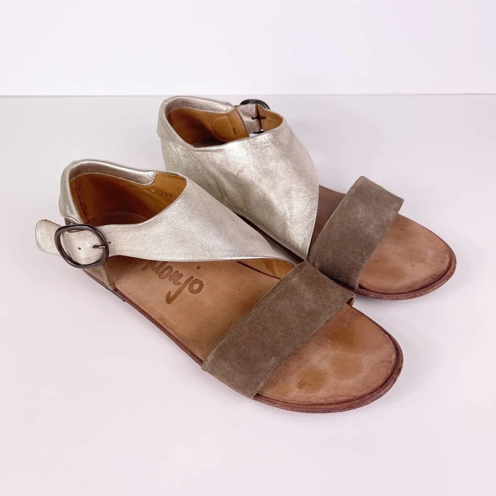 P Monjo Daniela Platino Mocha Gold Tan Leather Sandals Flats Women's Size 40 10